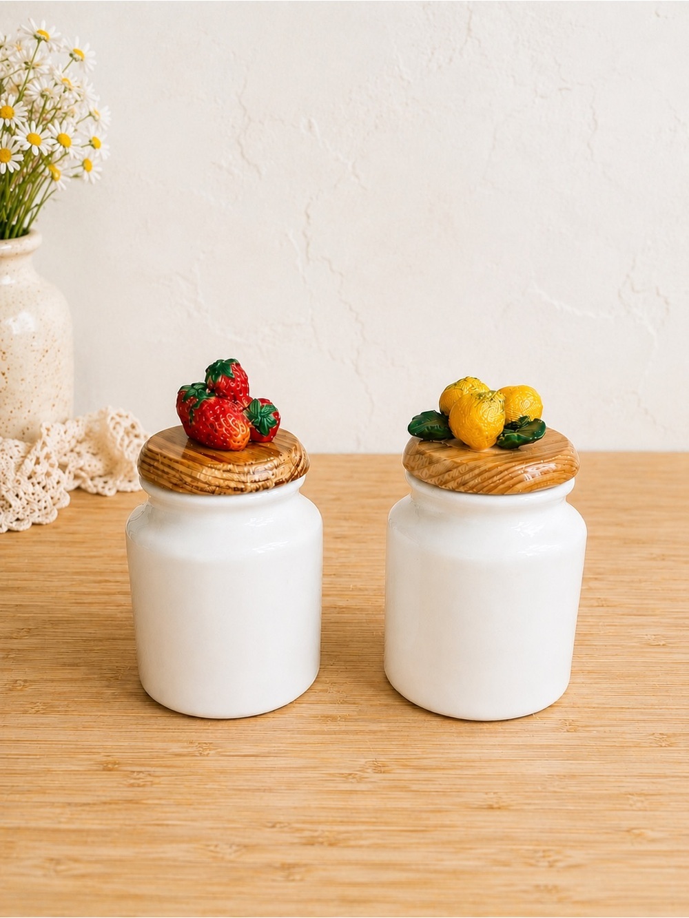 🍓🍊Vintage Ceramic Fruit Mini Jars Set Wood Lids Strawberry Orange Pair